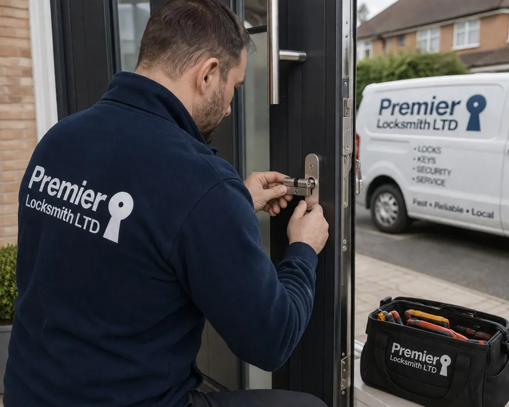 Premier Locksmith technician repairing a front door lock with a branded service van outside