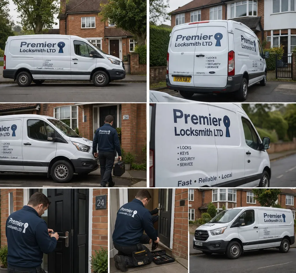Premier Locksmith branded service van and locksmith working at a customer property