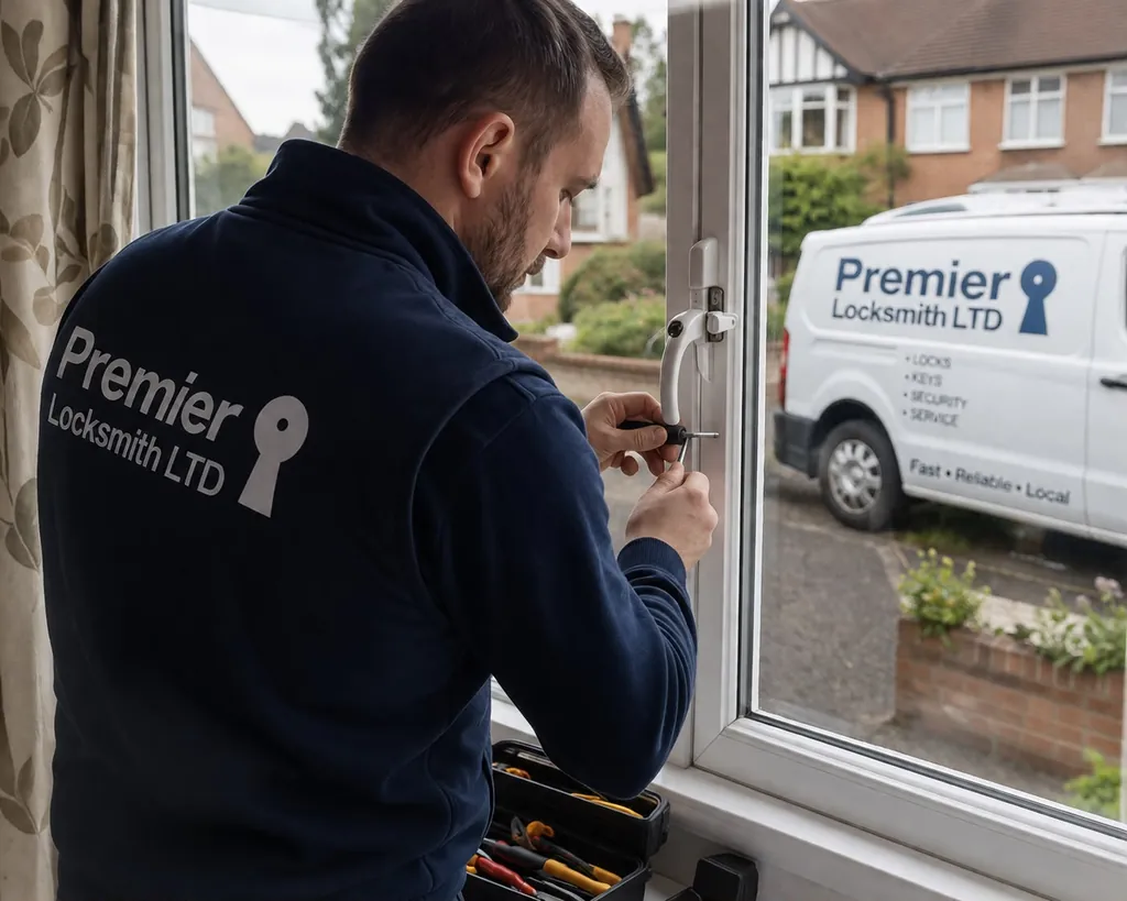 Premier Locksmith technician repairing a window lock inside a home