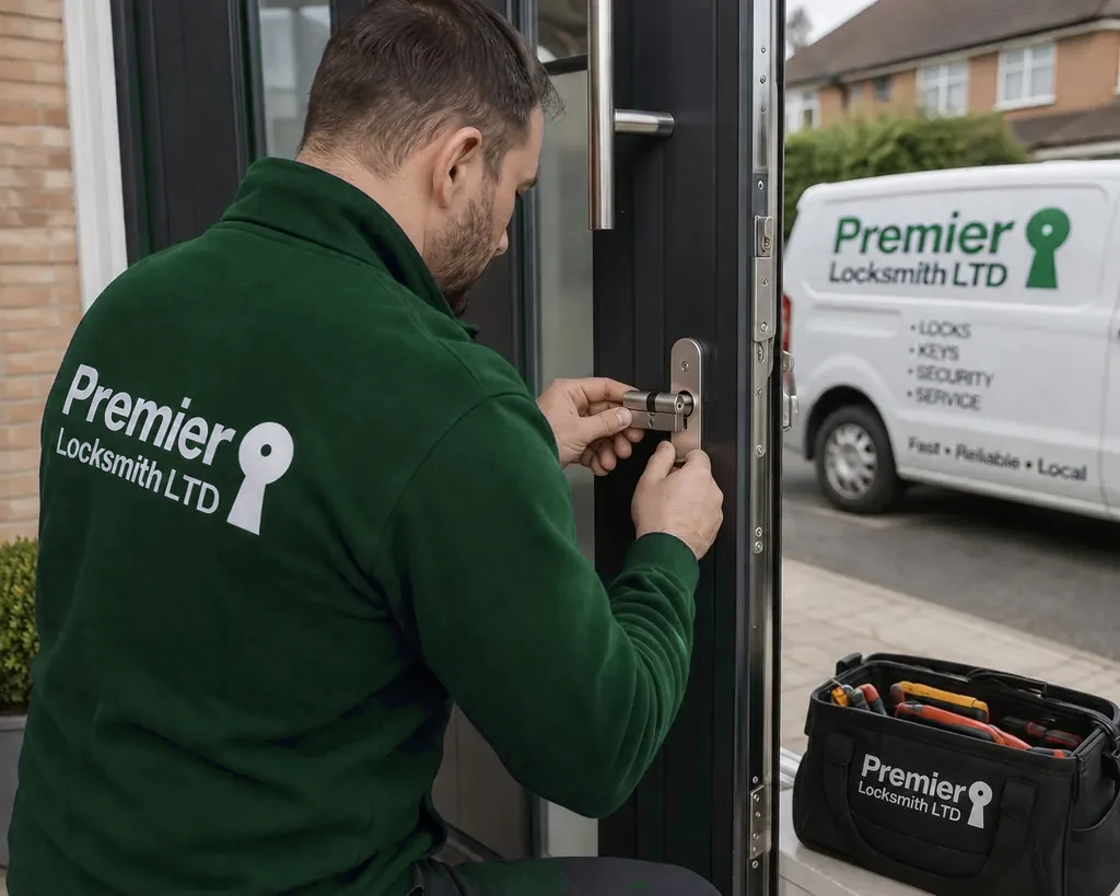 Premier Locksmith technician repairing a front door lock with a branded service van outside