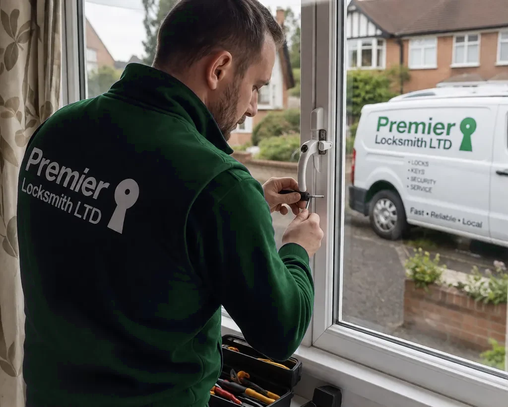 Premier Locksmith technician repairing a window lock inside a home